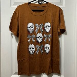 Fall T-Shirt Womens Size Large Fall Mask & Bows Design Orange/brown Crewneck NEW
